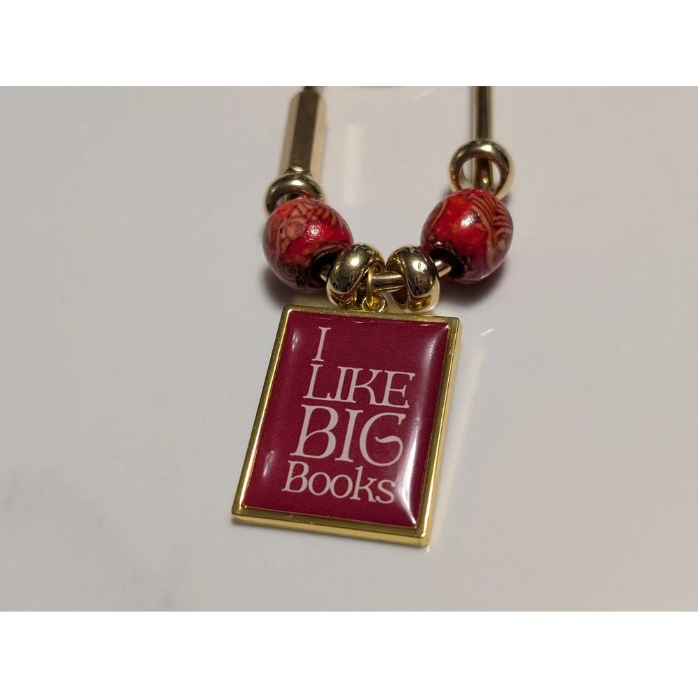 Handmade I Like Big Books Purse Charm‎ Key Ring Gold Burgundy Librarian Gift